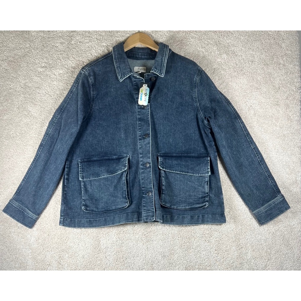 Me by Jennie Garth Denim Chore Jacket Womens Large Blue Dark Wash Repreve Pleat